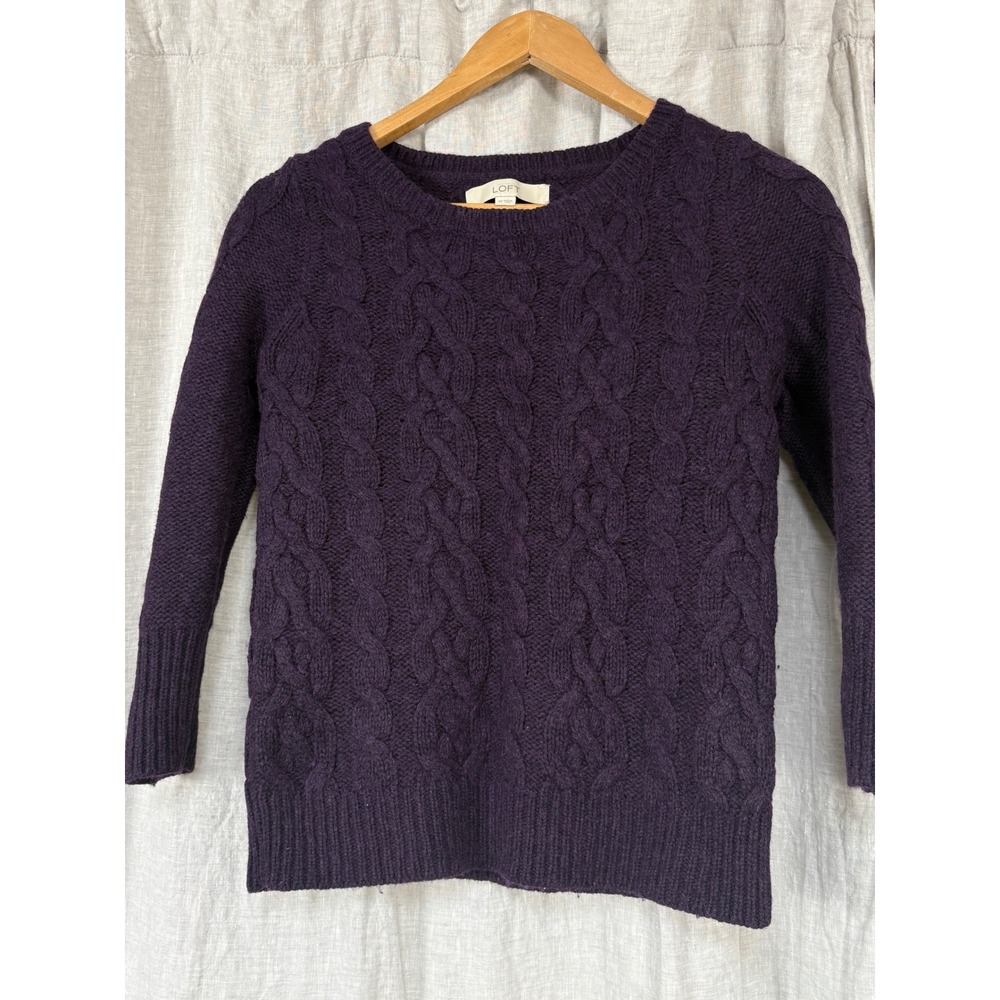 Loft Ann Taylor Purple Cable Knit Crew Neck Sweater Womens XS Pullover Long‎ Slv